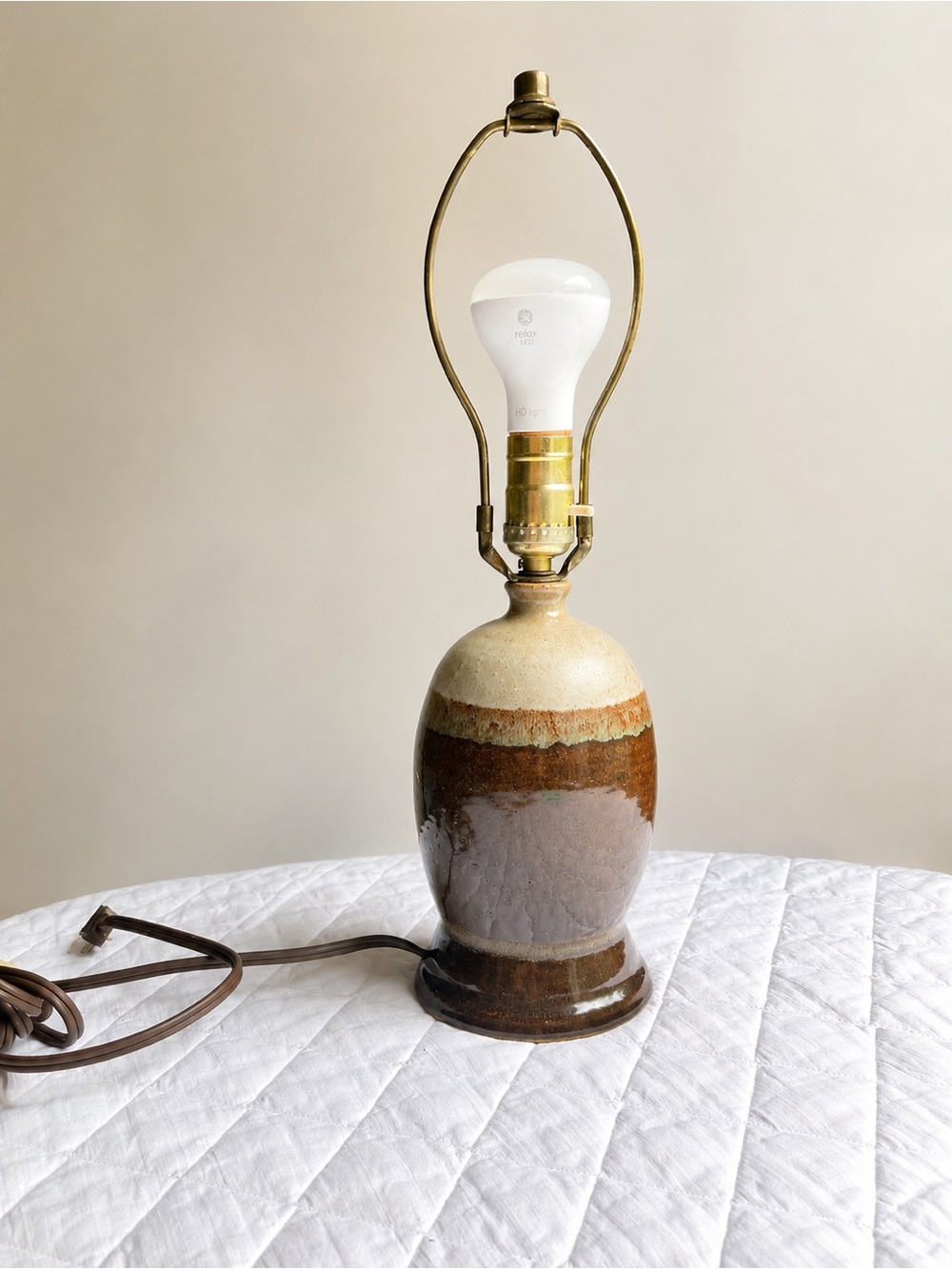 Vintage Studio Pottery Table Lamp Base Two Tone Glazed Ceramic Brown Cream 17"